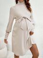 SHEIN High Neck Solid Color Maternity Dress With Attached Belt