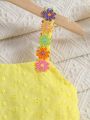 SHEIN Kids KDOMO Tween Girls' Floral Embroidered Yellow Cami Dress
