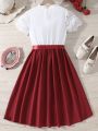Teen Girls' Elegant Short Sleeve Colorblock Hollow Out Dress