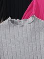 SHEIN Kids QTFun Young Girl Solid Color High Collar Striped Long Sleeve T-Shirt Three-Piece Set