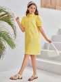 SHEIN Kids EVRYDAY Tween Girls' Woven Solid Color Turn-Down Collar Casual Shirt Dress