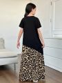 SHEIN Kids SUNSHNE Tween Girls' Knitted Colorblock Round Neck Leopard Print Patchwork Casual Dress