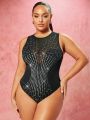 SHEIN BAE Plus Size Women's Sexy Patterened Rhinestone Embellished Sleeveless Black Bodysuit