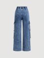 SHEIN Teen Girls' Flip-pocket Denim Jeans