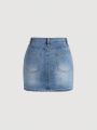 SHEIN Teen Girls' Denim A-line Skirt With Pockets