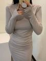 DAZY Women's Fashionable Pleated Design Long Sleeve Slim Fit Maxi Dress