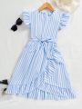 Blue And White Stripe Wrap Ruffle Hem Belted Dress