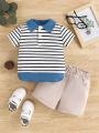 Baby Boy Casual Striped Patchwork Shirt Collar Short Sleeve Top And Khaki Shorts Set For Spring And Summer