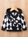 Baby Boy Argyle Pattern Hooded Teddy Jacket With Bag