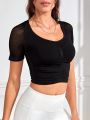Ruched Front Contrast Fishnet Raglan Sleeve Crop Sports Tee
