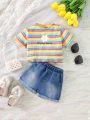 Baby Girls' Letter Floral Printed Striped Short Sleeve T-Shirt And Shorts Set