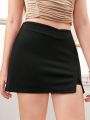 SHEIN Teen Girls' Knitted Solid Color V-Waist Slit Skirt Pants