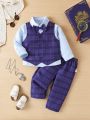 Baby Boys' Handsome Gentleman Suit With Long Sleeve Shirt, Plaid Vest, Pants, Suitable For 1 Year Old