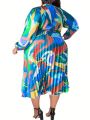 Plus Size Casual Knot Neckline Pleated Dress With All-Over Print