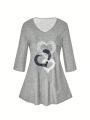 Plus Size V-Neck T-Shirt With Heart Print