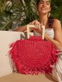 SHEIN VCAY Raw Hem Braided Women's Red Straw Woven Handbag