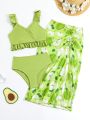 Young Girls' Ruffled Hem & Decorated Trim Bikini Swimsuit Set