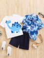 SHEIN Kids QTFun Little Boys' Dinosaur Print Round Neck Short Sleeve T-Shirt, All-Over Printed Short Sleeve Shirt And Solid Color Shorts