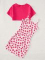 SHEIN Teen Girl Strawberry Print Cami Dress & Super Crop Top