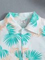 2pcs Young Boys' Palm Leaves Print Short Sleeve Shirt And Casual Shorts Set For Summer Vacation