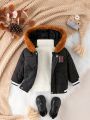 1pc Baby Boys' Thickened Windbreaker Coat With Hooded Design, Fashionable Autumn And Winter