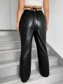SHEIN Coolane Plus Size Pu Leather Pants With V-Waist Belt