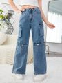 SHEIN Teenager Girls' Multi-Pocket Casual Workwear Jeans