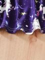 SHEIN Kids QTFun Young Girl Unicorn Tie Dye Flying Sleeve Dress Set With Headband And Necklace, 3pcs
