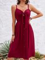 Women's Solid Color Front Buttoned Knot Detail Spaghetti Strap Dress