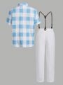 SHEIN Kids FANZEY Tween Boys' Slim Fit Plaid Shirt With Detachable Braces And Pants Gentleman Outfit Set
