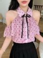 DAZY Polka Dot Print Off Shoulder Shirt With Tie Front
