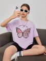 Teen Girl Butterfly & Slogan Graphic Drop Shoulder Tee