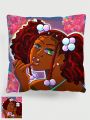 Pink Euphoria 1pc Cartoon Hand-Drawn Personalized Teenage Girl Pattern Printed Velvet Pillowcase, Home Decor Cushion Cover For Sofa, Car, Or As Replacement Pillowcase