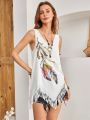 SHEIN BohoFeels Women'S Feather Print Fringed Hem Tank Top For Vacation