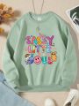 Girls' Cartoon & Colorful Slogan Pattern Fleece-lined Round Neck Sweatshirt