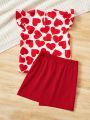 SHEIN Kids FANZEY Girls Heart Print Ruffle Trim Top & Asymmetrical Hem Skirt