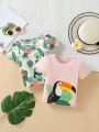 Baby Girl 2pcs Cute Toucan & Flamingo & Tropical Plant Printed Short Sleeve T-Shirt Set For Spring/Summer