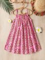 SHEIN Kids EVRYDAY Young Girls' New Vintage Print Fashionable Holiday Style Spaghetti Strap Dress For Summer