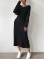 SHEIN Essnce Solid Ribbed Knit A-line Dress