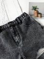 Teen Girls' Casual & Fashionable High-End Gray Denim Shorts With Frayed Hem And Stonewashed Effect