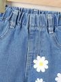 Basic Daily Loose And Cozy Jean With Cute Flower Print For Baby Girls