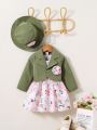 3pcs Baby Girls' Green Suit, Floral Dress & Hat Set