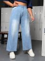 Loose, Wide-legged, Plus Size Women's Denim Pants With Frayed Hem