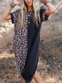 Women'S Leopard Print Patchwork Batwing Sleeve Dress