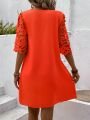 Women'S Solid Color Round Neck Loose Casual Dress With Hollow Out & Embroidery Details