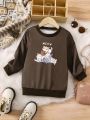 Toddler Girls' Casual Cartoon Cat Print Round Collar Fleece Sweater