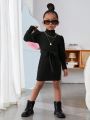 SHEIN Kids Cooltwn Toddler Girls' Street Style Half-high Collar Solid Color Dress With Waist Belt
