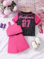 Baby Girl Cami Top, Baseball Shirt And Shorts Set