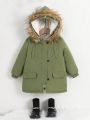 SHEIN Kids QTFun Little Girls' Casual Style Fuzzy Hooded Long Sleeve Quilted Lining Jacket