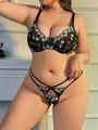 Plus Size Embroidered Mesh Hollow Out Lingerie Set
